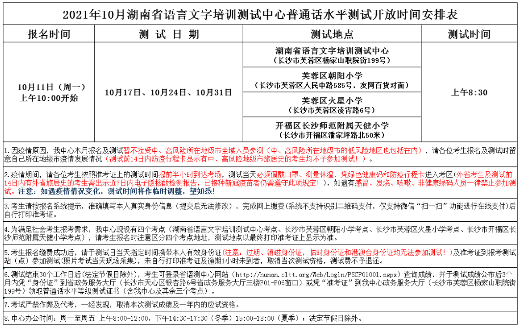 2021年10月湖南省普通话水平测试开放时间安排表