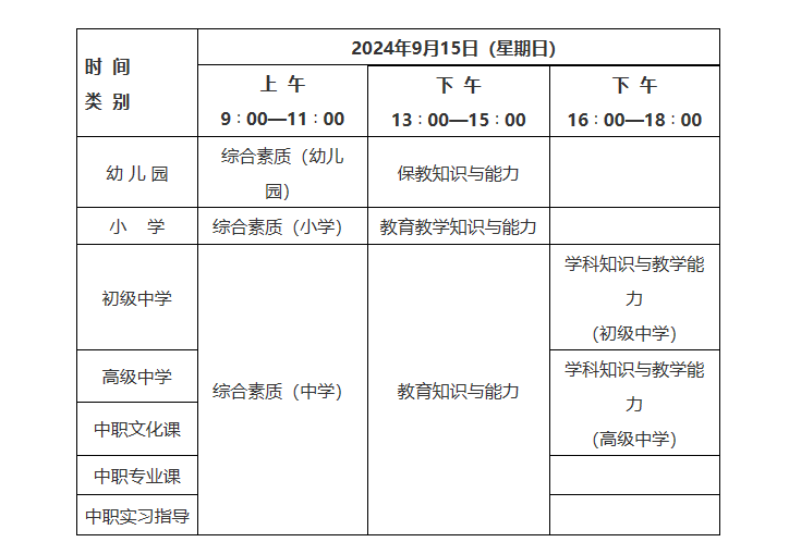 2024下半年陕西教师资格考试笔试考试时间及科目：9月15日