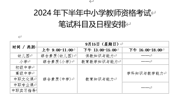 2024下半年贵州教师资格考试笔试考试时间及科目：9月15日